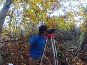 UD GEOG student Thomas surveying White Clsy Creek (Nov 8, 2012)